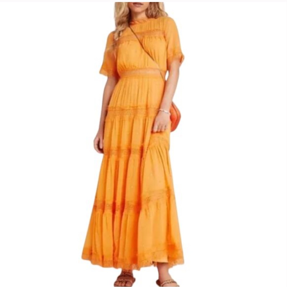 Anthropologie Ranna Gill Cipriana Orange Tiered Lace Maxi Dress Size 6